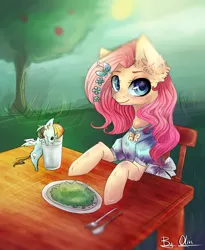 Size: 1916x2340 | Tagged: alfalfa, artist:olivineal, chair, clothes, derpibooru import, dress, ear fluff, flower in hair, fluttershy, food, rainbow dash, safe, sitting, smiling, tiny ponies