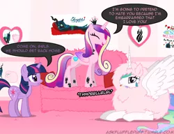 Size: 650x500 | Tagged: safe, artist:mixermike622, derpibooru import, princess cadance, princess celestia, queen chrysalis, twilight sparkle, twilight sparkle (alicorn), oc, oc:fluffle puff, alicorn, pony, tumblr:ask fluffle puff, clothes, costume, couch, cute, cutedance, cutelestia, dead space, female, mare, onomatopoeia, raspberry, raspberry noise, role reversal, spread wings, tongue out