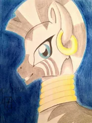 Size: 1536x2066 | Tagged: artist:a7xcaramel, derpibooru import, safe, simple background, solo, traditional art, zebra, zecora