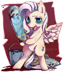 Size: 816x918 | Tagged: semi-grimdark, artist:chi-hayu, derpibooru import, derpy hooves, fluttershy, pegasus, pony, .mov, shed.mov, bipedal, blood, bucket, chainsaw, female, fluttershed, mare, psychoshy