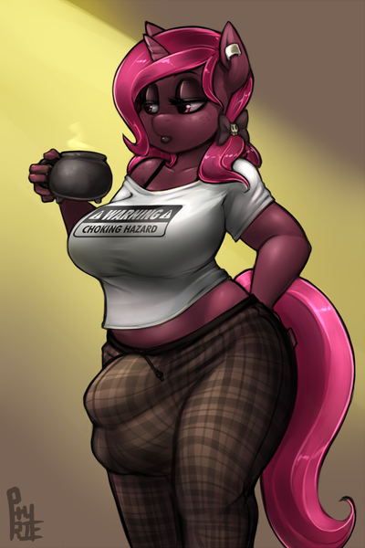 Size: 800x1200 | Tagged: anthro, anthro oc, artist:phurie, balls, bow, breasts, choking hazard, clothes, coffee, crotch bulge, derpibooru import, earring, futa, futa oc, impossibly large balls, impossibly large penis, intersex, nudity, oc, oc:charlotte, pajamas, penis, piercing, questionable, solo, solo futa, unofficial characters only
