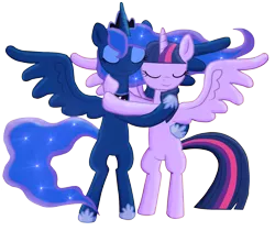 Size: 1524x1280 | Tagged: safe, artist:diren-chan, artist:majkashinoda626, derpibooru import, princess luna, twilight sparkle, twilight sparkle (alicorn), alicorn, pony, bipedal, eyes closed, female, hug, lesbian, mare, shipping, simple background, smiling, spread wings, twiluna