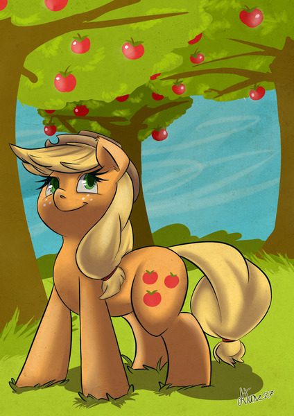 Size: 2480x3507 | Tagged: applejack, artist:atane27, derpibooru import, safe, smiling, solo, tree