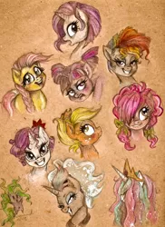 Size: 600x825 | Tagged: alternate hairstyle, applejack, artist:arnne, blushing, derpibooru import, fluttershy, mane-iac, mane six, messy mane, pinkie pie, princess celestia, princess luna, rainbow dash, rarity, safe, traditional art, twilight sparkle