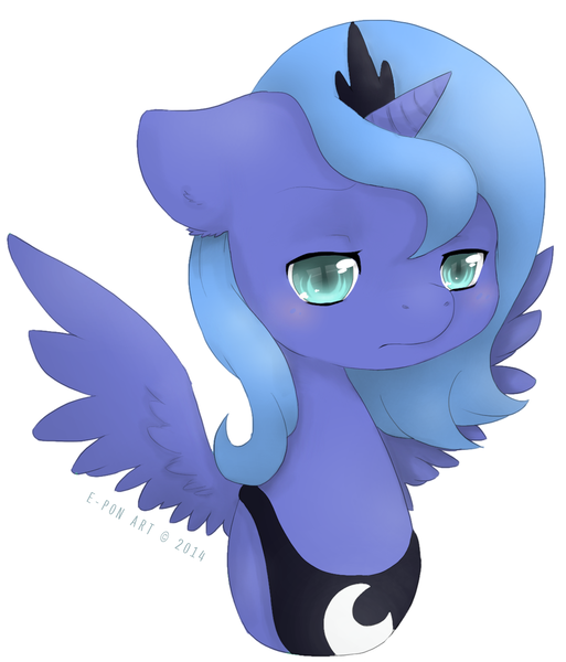 Size: 1183x1384 | Tagged: artist:e-pon, blushing, derpibooru import, floppy ears, fluffy, frown, portrait, princess luna, s1 luna, sad, safe, simple background, solo, spread wings, three quarter view, white background