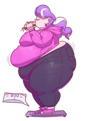 Size: 719x1007 | Tagged: artist:secretgoombaman12345, ass, bbw, belly, breasts, burger, chubby diamond, derpibooru import, diamond tiara, eating, fat, fat boobs, female, food, huge butt, human, humanized, impossibly large butt, large butt, morbidly obese, obese, scale, solo, solo female, ssbbw, suggestive, thighs, thunder thighs