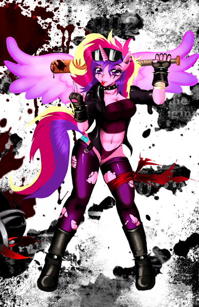 Size: 3300x5100 | Tagged: artist:animeclaro, baseball bat, belly button, blood, breasts, cameltoe, cleavage, clothes, derpibooru import, female, fingerless gloves, gloves, human, humanized, king sombra, middle finger, princess cadance, questionable, semi-grimdark, solo, solo female, sunglasses, torn clothes, vulgar