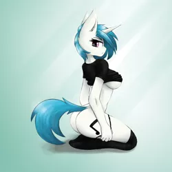 Size: 1024x1024 | Tagged: anthro, artist:ninjapony, ass, breasts, busty vinyl scratch, clothes, dead source, derpibooru import, female, kneeling, looking back, panties, shirt, sideboob, simple background, socks, solo, solo female, suggestive, thong, underboob, underwear, vinyl scratch