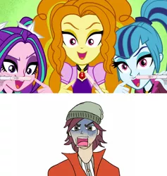 Size: 1428x1506 | Tagged: safe, derpibooru import, adagio dazzle, aria blaze, normal norman, sonata dusk, equestria girls, rainbow rocks, background human, implied foursome, pregnancy announcement, pregnancy test, pregnancy test meme, the dazzlings