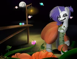 Size: 1875x1446 | Tagged: artist:thealmightydove, clothes, costume, derpibooru import, dress, halloween, lantern, makeup, mare in the moon, moon, nightmare moon, nightmare night, nightmare night costume, parasprite, pumpkin, pumpkin patch, rarity, safe