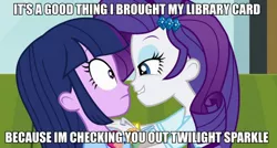 Size: 1000x537 | Tagged: safe, derpibooru import, edit, edited screencap, screencap, rarity, twilight sparkle, twilight sparkle (alicorn), equestria girls, rainbow rocks, caption, female, image macro, lesbian, meme, pick-up line, rarilight, rarity's bad pickup lines, shipping