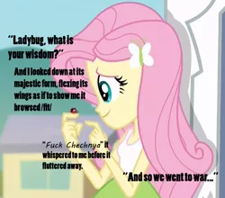 Size: 604x532 | Tagged: safe, derpibooru import, edit, edited screencap, screencap, fluttershy, ladybug, equestria girls, chechnya, russia, vulgar