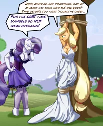 Size: 2700x3300 | Tagged: anthro, applejack, artist:toughset, bondage, breasts, busty applejack, busty rarity, cleavage, clothes, damsel in distress, derpibooru import, dress, facepalm, female, rarity, scene interpretation, spike at your service, suggestive, tied up, tree, unguligrade anthro