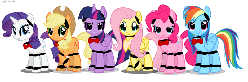 Size: 3156x1044 | Tagged: safe, artist:asika-aida, derpibooru import, applejack, fluttershy, pinkie pie, rainbow dash, rarity, twilight sparkle, twilight sparkle (alicorn), alicorn, pony, five nights at aj's, animatronic, bad edit, female, mane six, mare