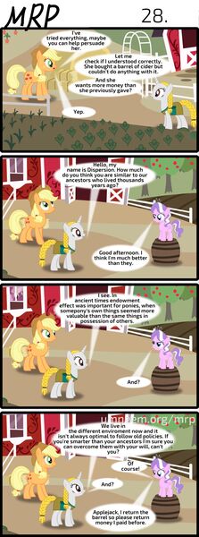 Size: 800x2153 | Tagged: safe, artist:umneem, derpibooru import, applejack, cheerilee, diamond tiara, oc, oc:dispersion, earth pony, pony, unicorn, comic:my rational pony, barrel, cider, comic