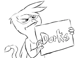 Size: 714x534 | Tagged: safe, artist:aaron amethyst, derpibooru import, gilda, gryphon, a boy and his ed, angry, crossover, dorks, ed edd n eddy, frown, image, kevin, kevin (ed edd n eddy), monochrome, png, reaction, sign, simple background, sketch, solo, white background
