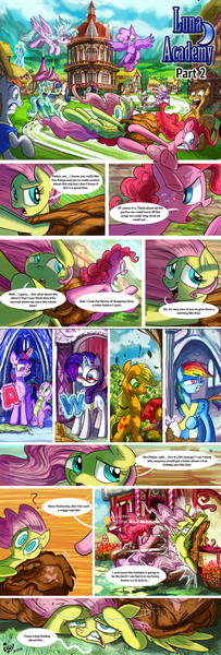 Size: 1585x4682 | Tagged: safe, artist:jowybean, derpibooru import, applejack, bon bon, caramel, cloudchaser, cranky doodle donkey, fluttershy, lyra heartstrings, pinkie pie, rainbow dash, rarity, spike, sweetie drops, twilight sparkle, twilight sparkle (alicorn), alicorn, donkey, dragon, earth pony, pegasus, pony, unicorn, abuse, bipedal, collision, comic, crash, dizzy, flutterbuse, luna academy, mane seven, mane six, ponyville