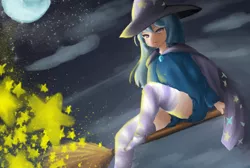 Size: 920x620 | Tagged: artist:4 am, broom, cape, clothes, cloud, cloudy, derpibooru import, flying, flying broomstick, full moon, human, humanized, magic, moon, night, pixiv, safe, sitting, socks, solo, stars, striped socks, thigh highs, trixie, trixie's cape, trixie's hat