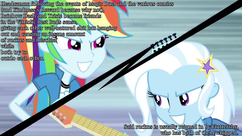 Size: 1920x1080 | Tagged: safe, derpibooru import, fluttershy, rainbow dash, trixie, equestria girls, rainbow rocks, fanon, female, friendship, guitar, headcanon, implied shipping, lesbian, meta, photoshop, rivalry, shipping, text edit, trixieshy