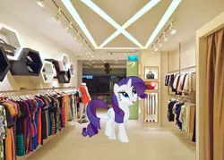 Size: 1024x732 | Tagged: artist:somerandomunicorn, belts, clothes, curtain, derpibooru import, dressing room, exit, irl, light, photo, ponies in real life, purse, rarity, safe, shoes, solo, vector