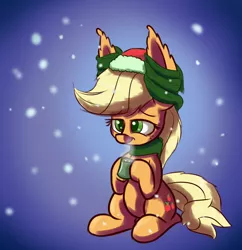 Size: 800x825 | Tagged: safe, artist:heir-of-rick, derpibooru import, applejack, daily apple pony, clothes, hat, impossibly large ears, mug, santa hat, scarf, snow, snowfall, solo