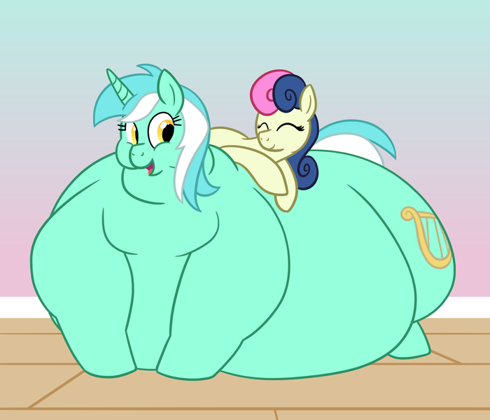 Size: 1280x1097 | Tagged: questionable, artist:bigponiesinc, derpibooru import, bon bon, lyra heartstrings, sweetie drops, earth pony, pony, unicorn, belly, bingo wings, chubby cheeks, fat, feedee, feeder, feeder bon bon, female, huge, impossibly large belly, impossibly large butt, impossibly large everything, impossibly wide hips, lard-ra heartstrings, lesbian, lying on top of someone, lyra feedee, lyrabon, morbidly obese, obese, shipping, size difference, smiling, weight gain, wide hips