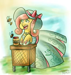 Size: 1200x1272 | Tagged: artist:php52, bee, clothes, derpibooru import, dress, fluttershy, hat, honey, safe, shoes