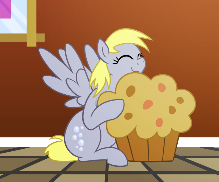 Size: 1280x1067 | Tagged: safe, artist:bigponiesinc, derpibooru import, derpy hooves, pegasus, pony, cargo ship, chubby, cute, derpabetes, eyes closed, female, giant muffin, hug, mare, muffin, shipping, simple background, sitting, smiling, solo, spread wings, that pony sure does love muffins