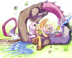 Size: 1000x798 | Tagged: safe, artist:mommashy, derpibooru import, discord, fluttershy, colored pencil drawing, disapproval, discoshy, female, male, mixed media, on back, shipping, straight, traditional art, watercolor painting