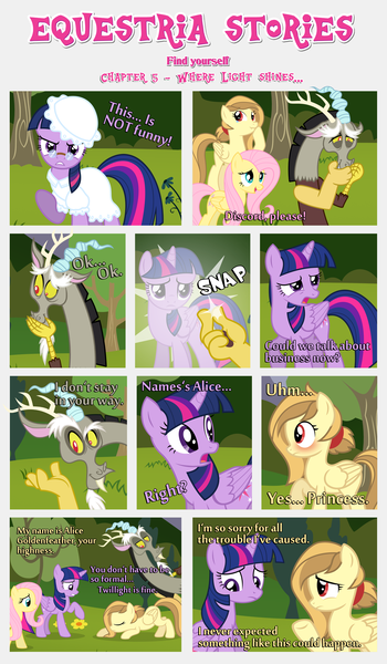 Size: 1800x3090 | Tagged: safe, artist:estories, derpibooru import, discord, fluttershy, twilight sparkle, twilight sparkle (alicorn), oc, oc:alice goldenfeather, alicorn, pony, comic:find yourself, bowing, comic, female, mare, scrunchy face