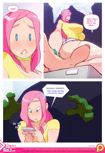 Size: 893x1299 | Tagged: artist:doxy, big breasts, blushing, breasts, busty fluttershy, clothes, comic, comic:going down, derpibooru import, dream, fantasy, female, fluttershy, foreshortening, human, humanized, imminent sex, light skin, oc, oc:anon, perspective, phone, questionable, sluttershy, thigh highs