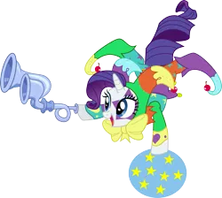 Size: 1599x1434 | Tagged: safe, artist:punzil504, derpibooru import, rarity, pony, unicorn, balancing, clothes, costume, face paint, female, flugelhorn, hoof hold, jester, mare, open mouth, rarijester, simple background, smiling, solo, transparent background, vector