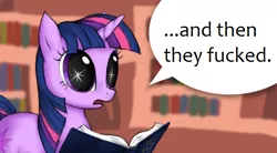 Size: 640x354 | Tagged: and then they all fucked, artist:wedgeantilleshzdgj, derpibooru import, dilated pupils, implied sex, open mouth, spark, suggestive, twilight sparkle, vulgar