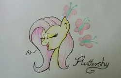 Size: 960x620 | Tagged: safe, artist:ressetkk, derpibooru import, fluttershy, pegasus, pony, bust, eyes closed, female, mare, music notes, singing, solo, traditional art