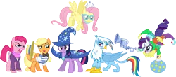 Size: 4564x2016 | Tagged: safe, artist:punzil504, derpibooru import, applejack, diamond tiara, flam, flim, fluttershy, gilda, ms. harshwhinny, pinkie pie, rainbow dash, rarity, silver spoon, trixie, twilight sparkle, gryphon, pony, unicorn, female, flim flam brothers, flugelhorn, glasses, griffonized, mare, necklace, rainbow griffon, role reversal, simple background, species swap, tiara, transparent background, vector