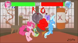 Size: 1194x668 | Tagged: safe, artist:dfectivedvice, artist:midnightblitzz, derpibooru import, lyra heartstrings, pinkie pie, trixie, pony, unicorn, fighting is magic, cute, falcon punch, female, fight, flawless victory, funny, mare, mortal kombat, vector