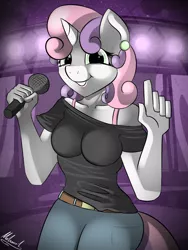 Size: 1500x2000 | Tagged: anthro, artist:malamol, bra strap, clothes, derpibooru import, earring, microphone, older, pink underwear, safe, solo, sweetie belle, underwear