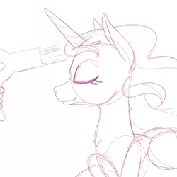 Size: 700x700 | Tagged: artist:goat train, derpibooru import, eyes closed, hair dryer, hand, human, monochrome, oc, oc:anon, princess celestia, safe, sketch