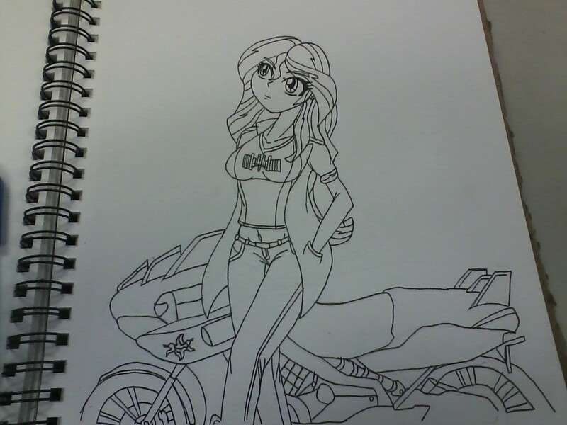 Size: 1280x960 | Tagged: safe, artist:eradose, derpibooru import, sunset shimmer, equestria girls, emblem, kamen rider, kamen rider decade, kamen rider diend, monochrome, motorcycle, solo, traditional art