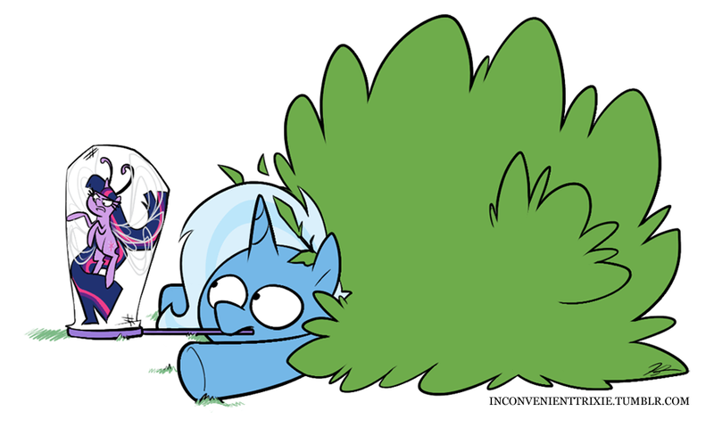 Size: 900x539 | Tagged: safe, artist:egophiliac, derpibooru import, trixie, twilight sparkle, twilight sparkle (alicorn), alicorn, breezie, pony, unicorn, tumblr:inconvenient trixie, annoyed, breeziefied, bush, bushicorn, butterfly net, duo, female, frown, glare, inconvenient trixie, mare, mouth hold, net, simple background, species swap, trapped, tumblr, twilight breezie, white background, wide eyes