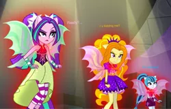 Size: 1942x1246 | Tagged: safe, derpibooru import, screencap, adagio dazzle, aria blaze, sonata dusk, equestria girls, rainbow rocks, bare shoulders, fin wings, for realzies, ponied up, sleeveless, the dazzlings