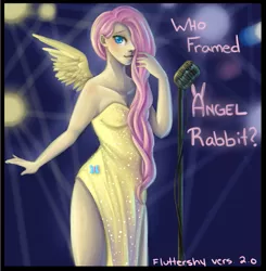 Size: 803x821 | Tagged: artist:libragrey, breasts, cleavage, clothes, derpibooru import, dress, female, fluttershy, hair over one eye, human, humanized, jessica rabbit, microphone, side slit, solo, suggestive, who framed roger rabbit, winged humanization