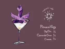 Size: 1000x750 | Tagged: safe, artist:wan, derpibooru import, twilight sparkle, twilight sparkle (alicorn), alicorn, pony, alcohol, cocktail, cup of pony, female, looking at you, looking back, looking back at you, mare, micro, recipe, solo, spread wings, wings