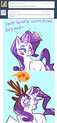 Size: 497x1066 | Tagged: artist:clockworkquartet, ask, brushie, comic, derpibooru import, dirt, hairbrush, rarity, safe, solo, tumblr