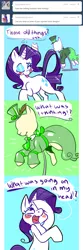 Size: 500x1504 | Tagged: artist:clockworkquartet, ask, clothes, comic, derpibooru import, dress, hat, rarity, safe, solo, tumblr