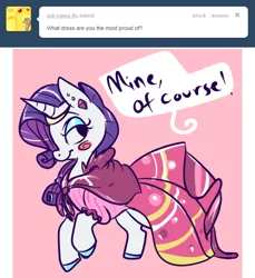 Size: 500x546 | Tagged: artist:clockworkquartet, ask, clothes, derpibooru import, dress, gala dress, rarity, safe, solo, tumblr