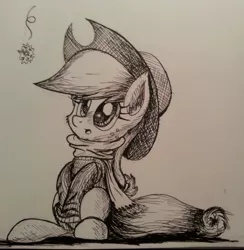 Size: 2210x2262 | Tagged: applejack, artist:mindofnoodles, clothes, derpibooru import, grayscale, monochrome, safe, scarf, sitting, snowflake, solo, sweater, traditional art