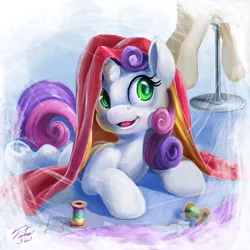 Size: 900x900 | Tagged: safe, artist:tsitra360, derpibooru import, sweetie belle, pony, unicorn, cute, diasweetes, fabric, female, filly, foal, mannequin, needle, rainbow thread, solo, thread