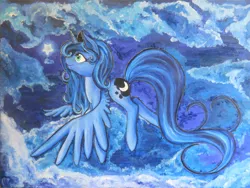 Size: 2828x2121 | Tagged: artist:wilvarin-liadon, cloud, cloudy, derpibooru import, night, princess luna, safe, sky, solo, spread wings, traditional art