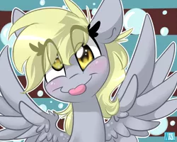 Size: 3500x2800 | Tagged: safe, artist:nekosnicker, derpibooru import, derpy hooves, pony, eye clipping through hair, happy, silly, silly pony, solo, tongue out